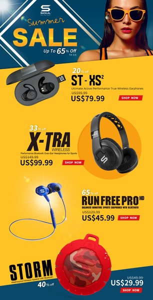 wireless earphones, bluetooth headphones, wireless speakers, sports earbuds, over ear headphones, portable speaker, holiday sale, discount offer, modern typography, energetic, bold, yellow, blue, red, summer sale